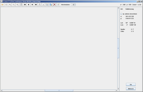 Scanner mit Kalibrierung der Übungskarte an 50°N 2°W